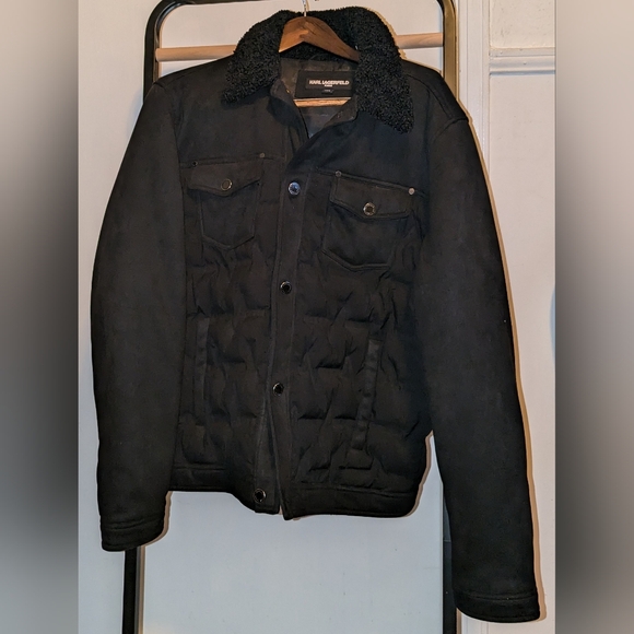 KARL LAGERFELD PARIS Sherpa Collar Quilted Trucker Jacket Size L - Picture 1 of 7